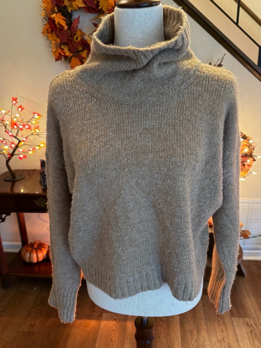 Anthropologie Pilcro Wool Blend Cowl Neck Sweater Size L Taupe Beige Oversized